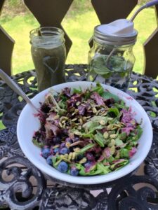 Blueberry Basil Trio of blueberry basil infused water, blueberry basil smoothie, and blueberry basil vinaigrette