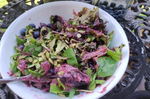 Blueberry Basil Vinaigrette atop salad of arugula and spring mix, fresh blueberries, and pumpkin seeds