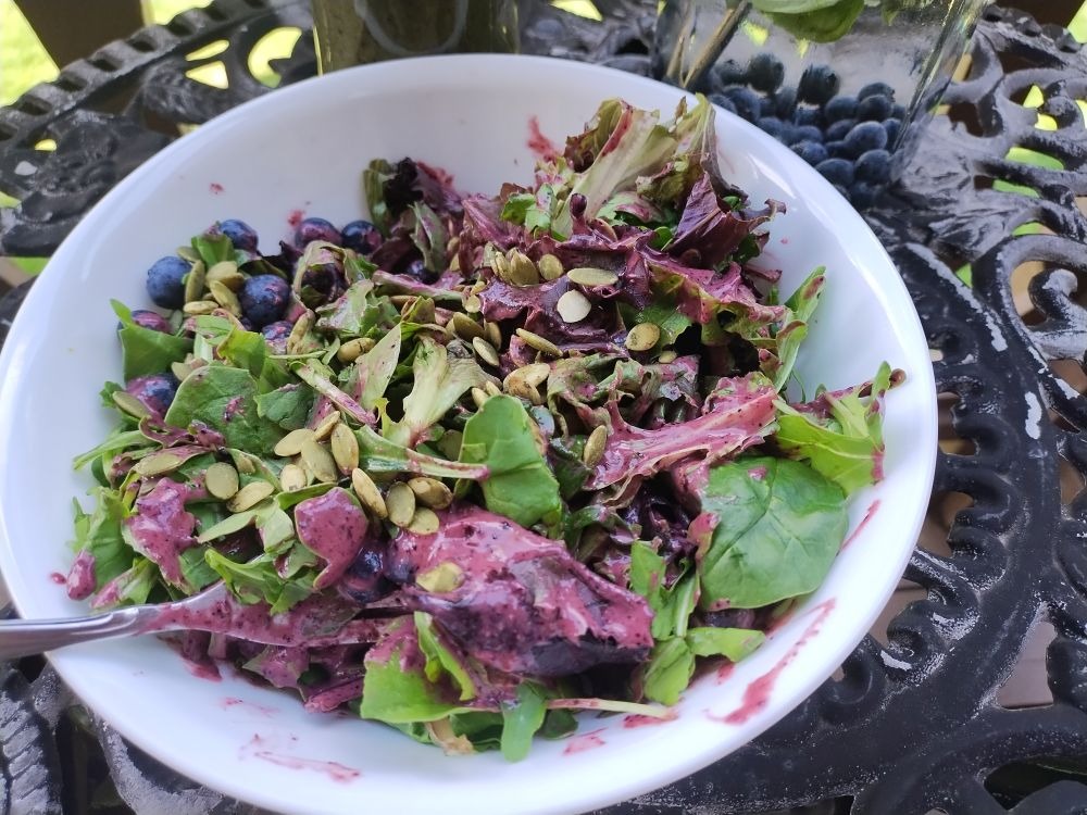 Blueberry Basil Vinaigrette atop salad of arugula and spring mix, fresh blueberries, and pumpkin seeds