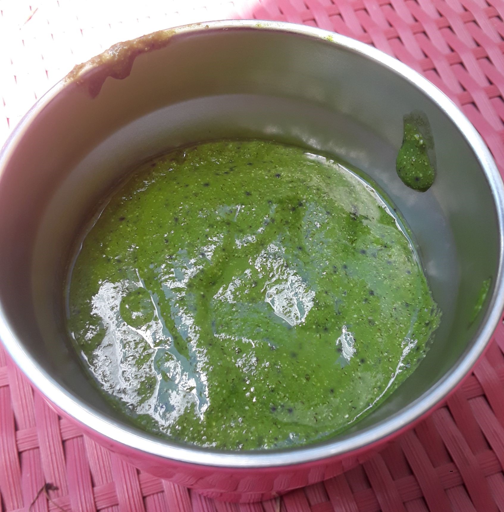 Overhead view of Green Smoothie Blueberry Banana Ginger Flax Seeds