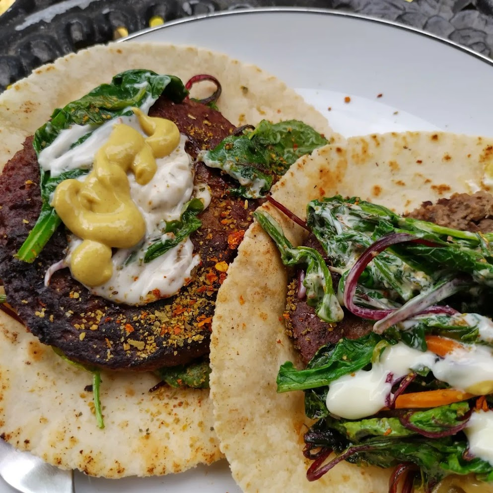 Impossible Burger atop Almond Flour Tortilla