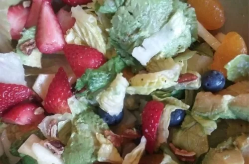 Panera Strawberry Poppyseed Salad with avocado, strawberries, pineapple, mandarin oranges, and poppyseed dressing.