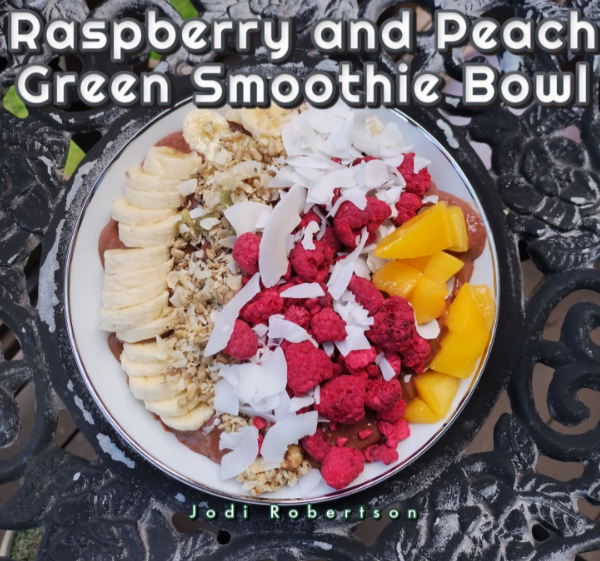 Raspberry and Peach Green Smoothie Bowl