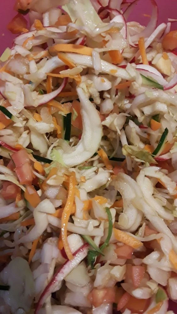 Spiralized Zucchini Radish Cucumber Salad with Red Wine Vinegar Dijon Dressing